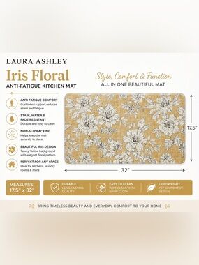 Laura Ashley Iris Floral Anti-Fatigue Kitchen Mat Tawny Yellow 17.5” x 32” NWT